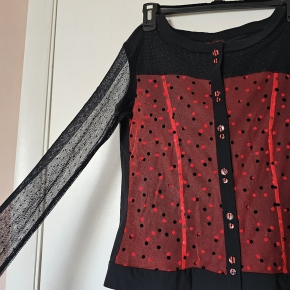 Aventures des Toiles black red polka dot whimsigoth sheer button-down shirt - Picture 6 of 12